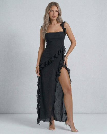 Lauven Nocturne Maxi Dress in black with sheer ruffles and thigh-high slit, elegant summer fashion.
