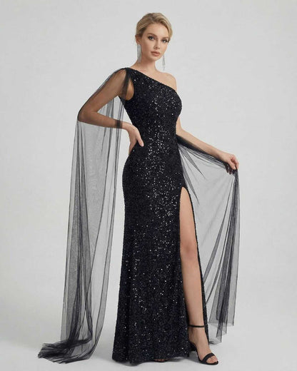 Nocturne Maxi Dress by Lauven - Elegant one shoulder sequin dress with sheer mesh drape and slit detail.