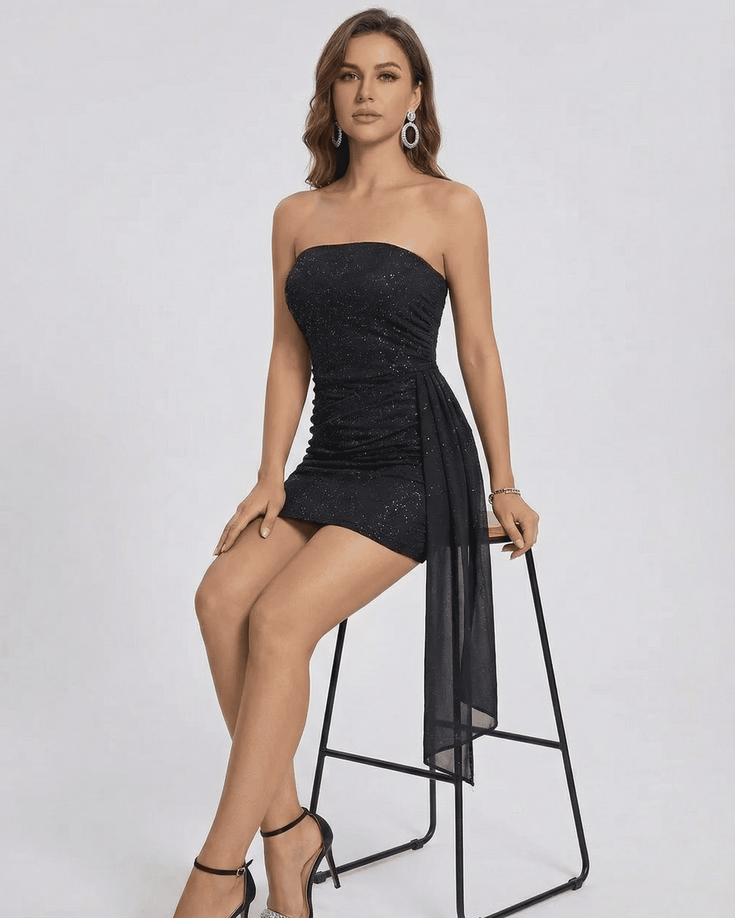 Nocturne Mini Dress by Lauven, stylish strapless high-waist mini dress with draped panel in black.