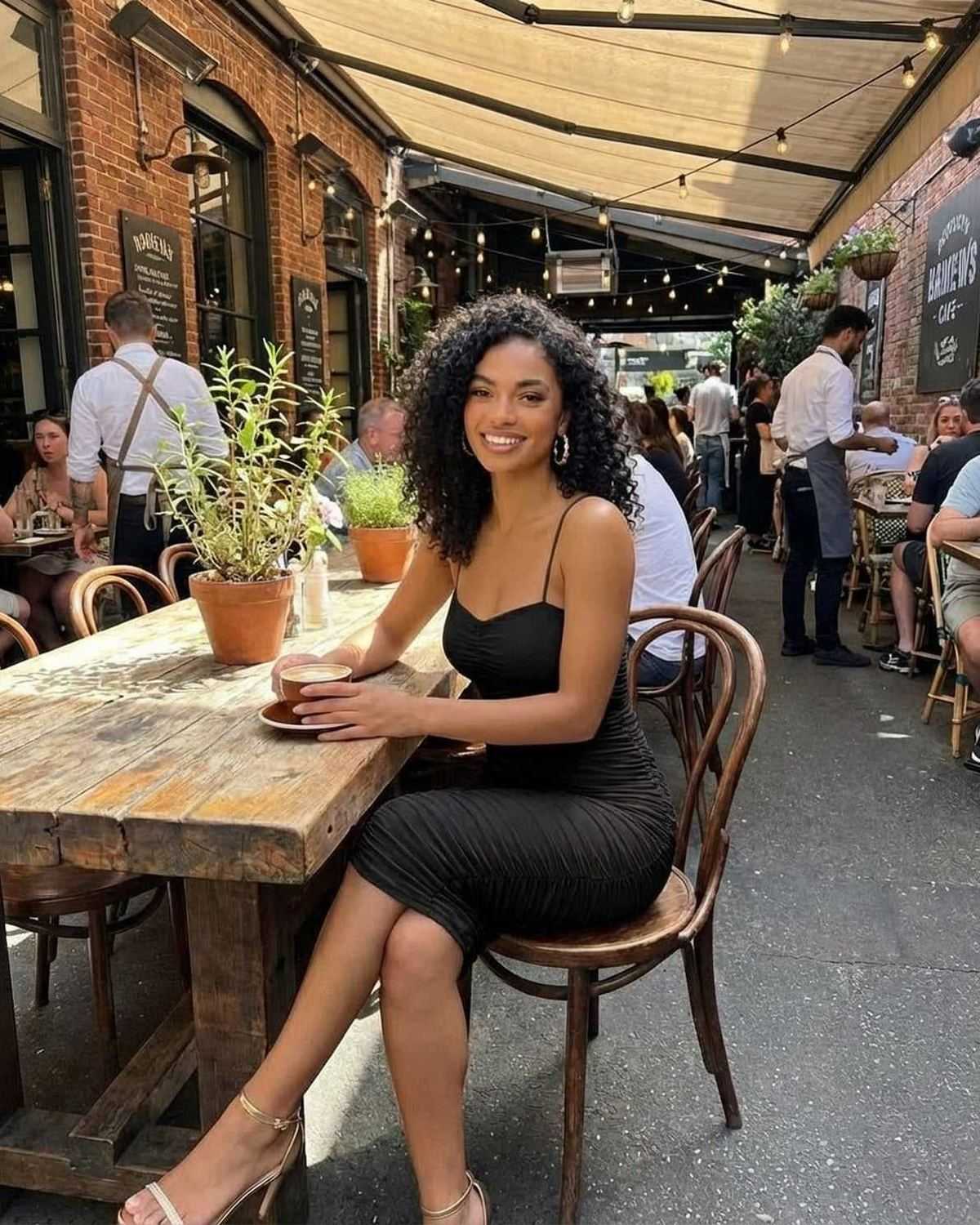Model wearing Noctyra Midi Dress by Lauven, showcasing a sleek silhouette in a lively outdoor café setting.