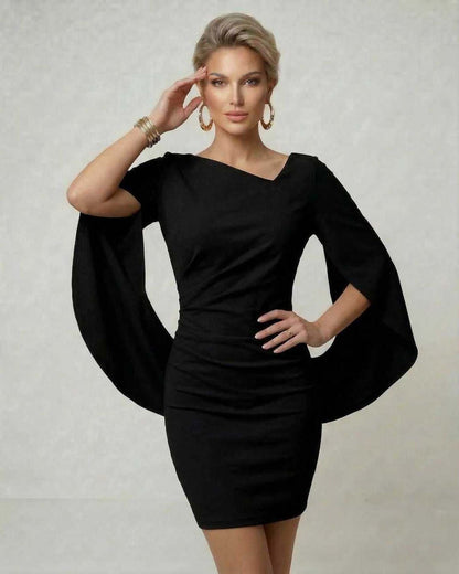 Noella Mini Dress by Lauven, featuring a black cloak sleeve design, flattering sheath silhouette, and modern elegance.