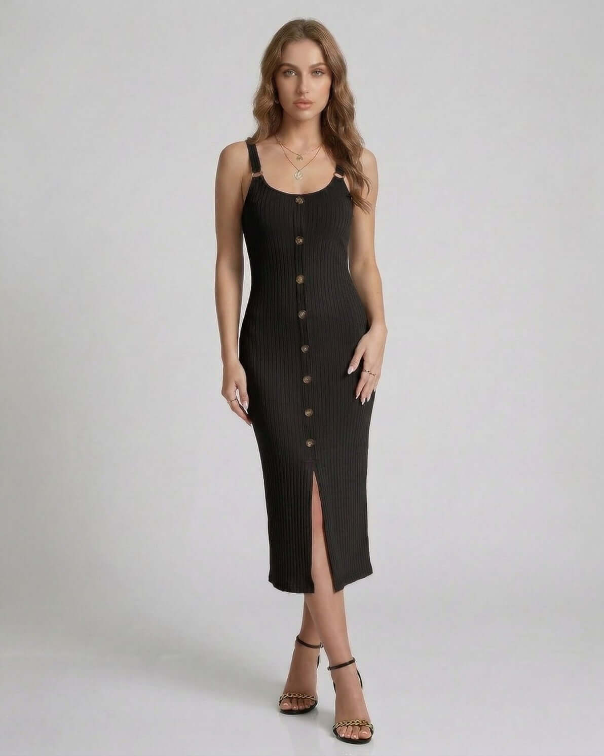 Noemi Midi Dress - Black Ribbed Sleeveless Dress with Button Front and Front Split by Lauven