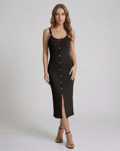 Noemi Midi Dress - Black Ribbed Sleeveless Dress with Button Front and Front Split by Lauven