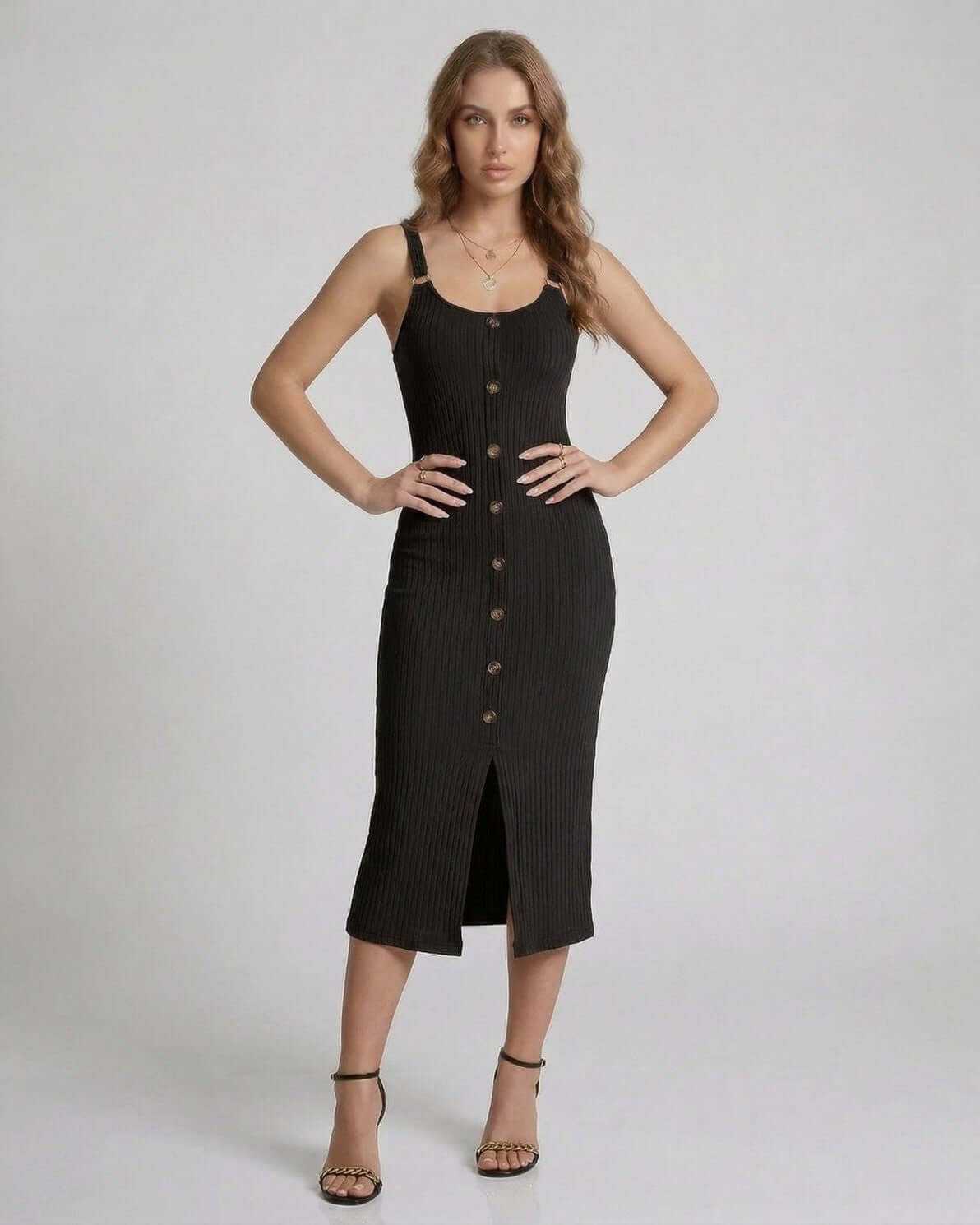 Noemi Midi Dress by Lauven – Black ribbed sleeveless midi dress with button front and front split.