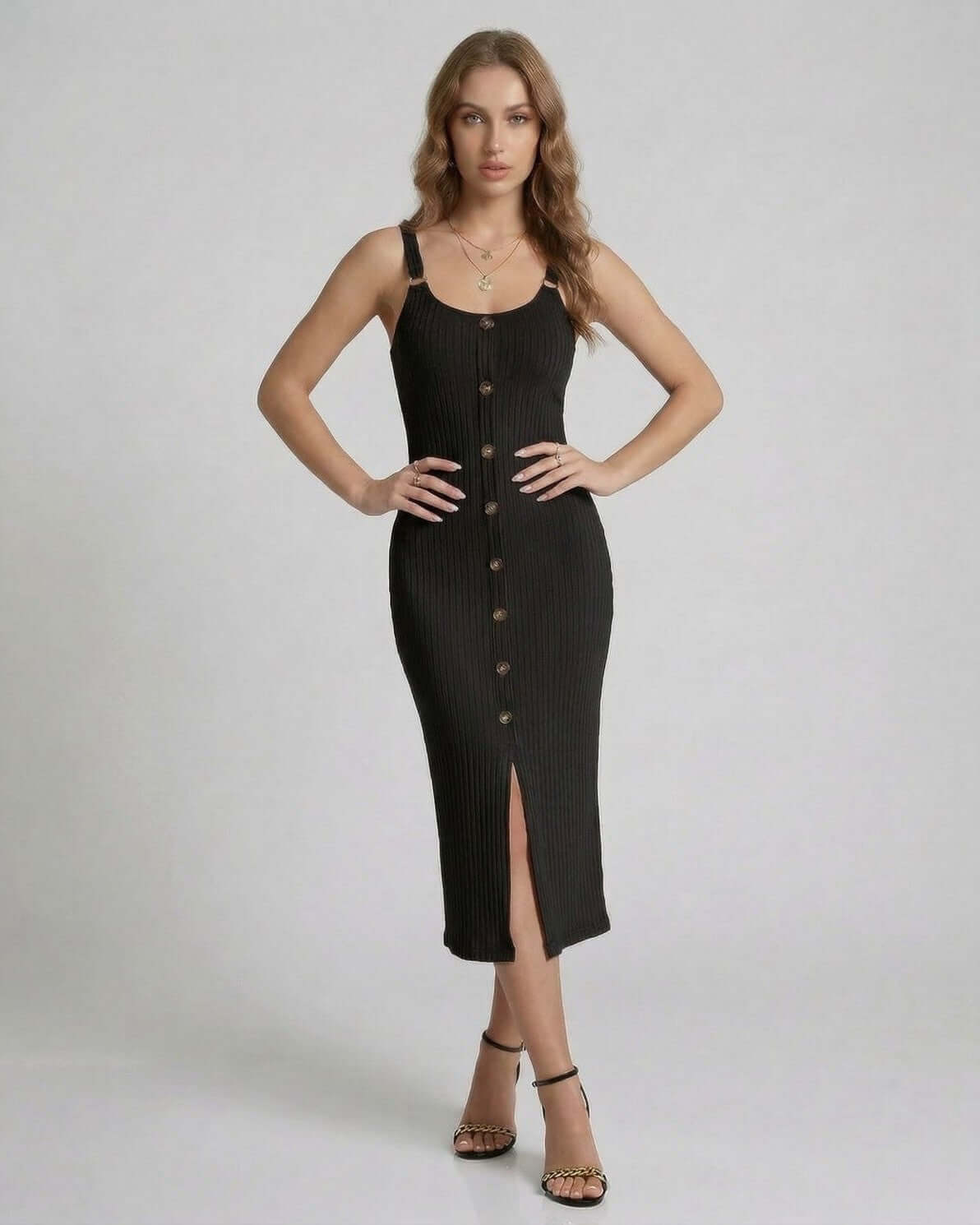 Noemi Midi Dress by Lauven, black ribbed sleeveless dress with button front and front split.