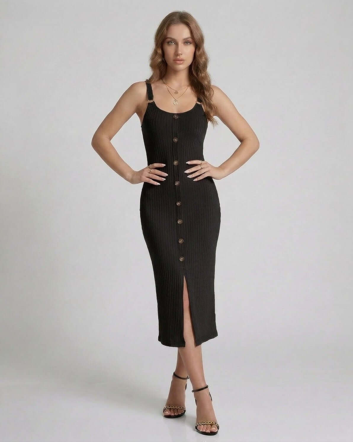 Noemi Midi Dress by Lauven - Black ribbed sleeveless midi dress with button front and front split.