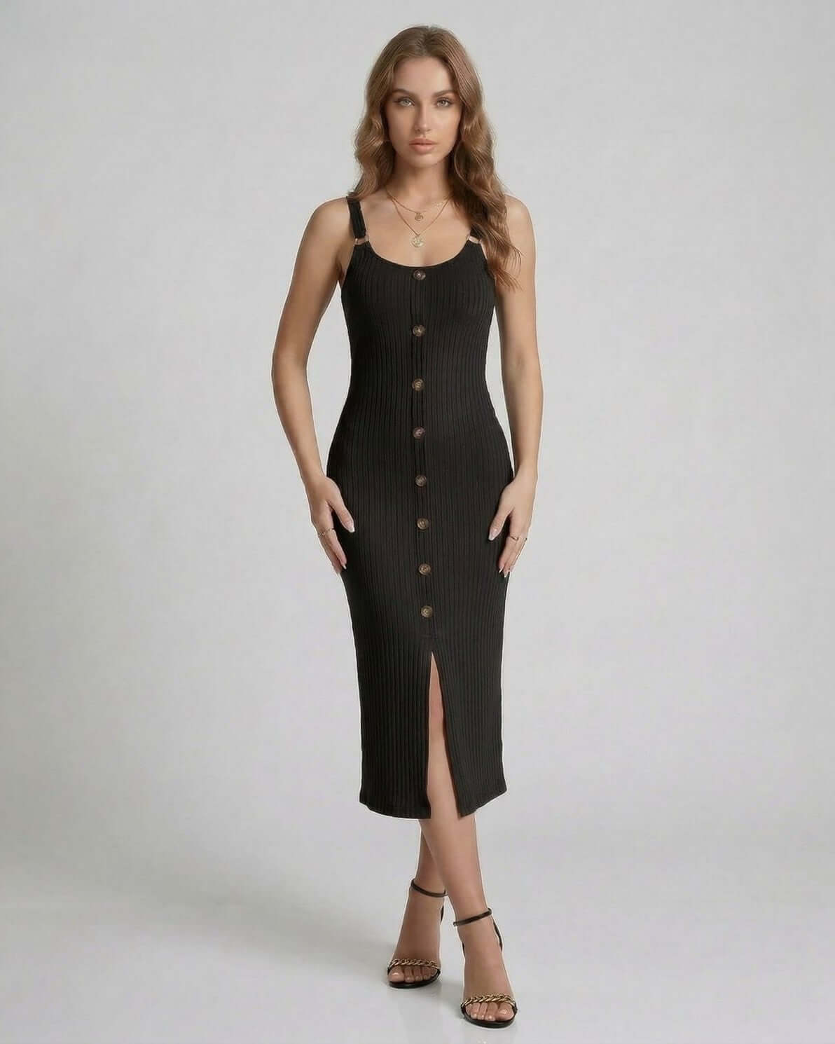 Noemi Midi Dress by Lauven - Black ribbed sleeveless dress with button front and front split.