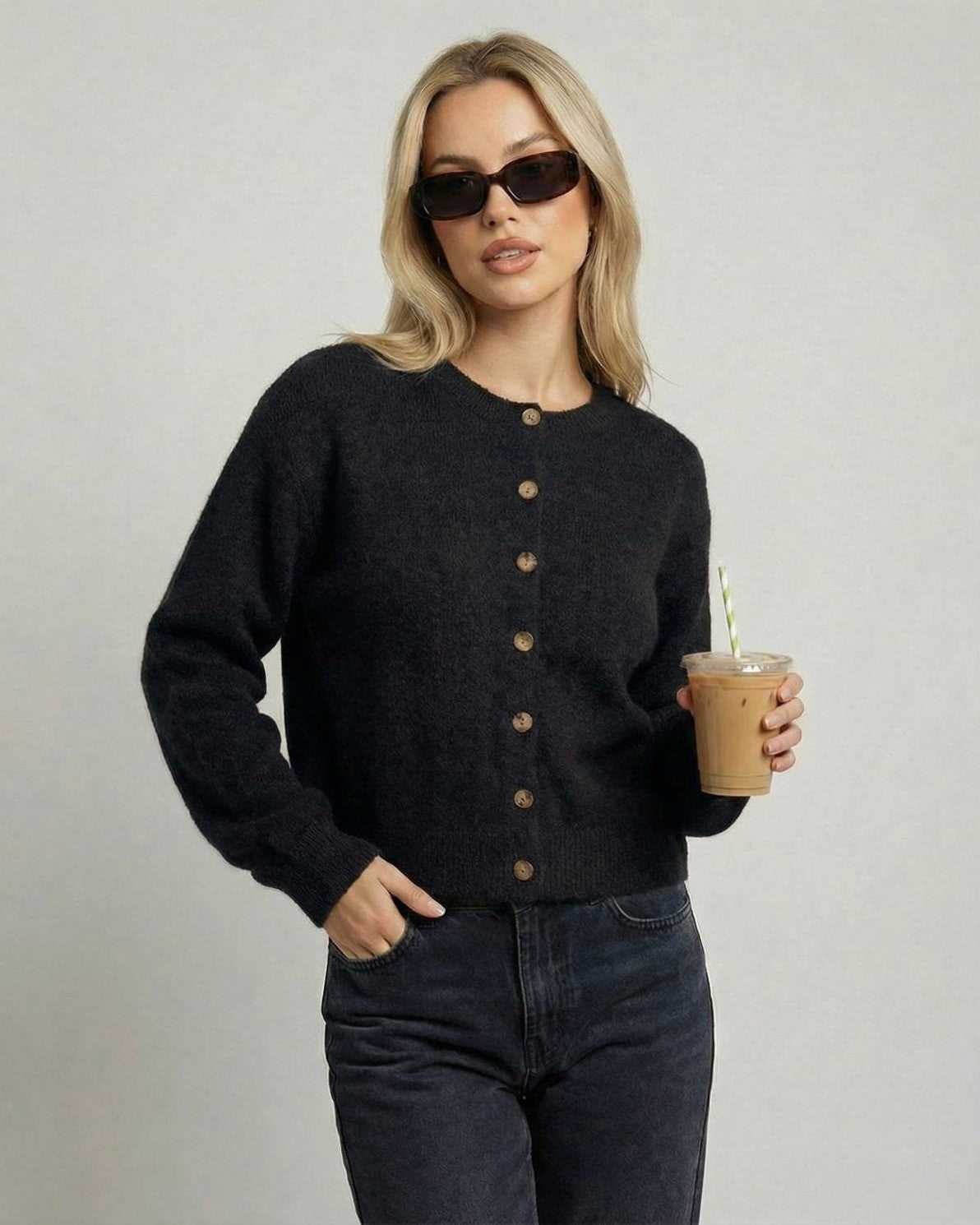 Noir Cardigan by Lauven - Stylish black button-front knit cardigan with relaxed fit, perfect for casual wear.