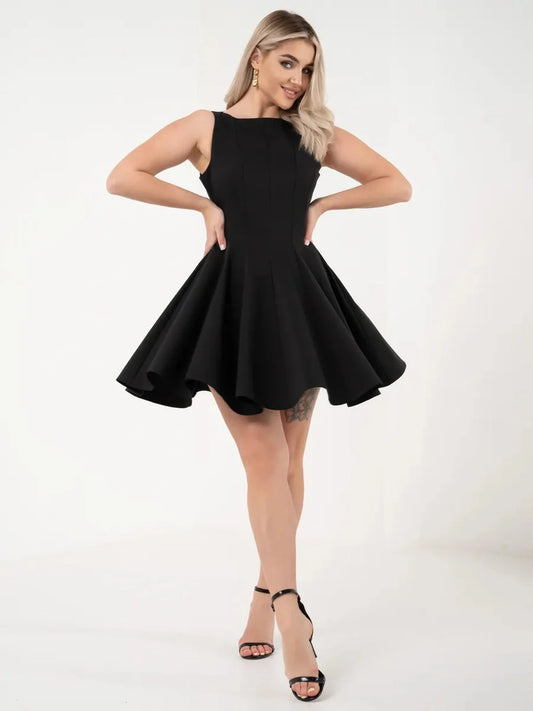Black A-line mini dress with sleeveless design, perfect for parties and formal occasions.