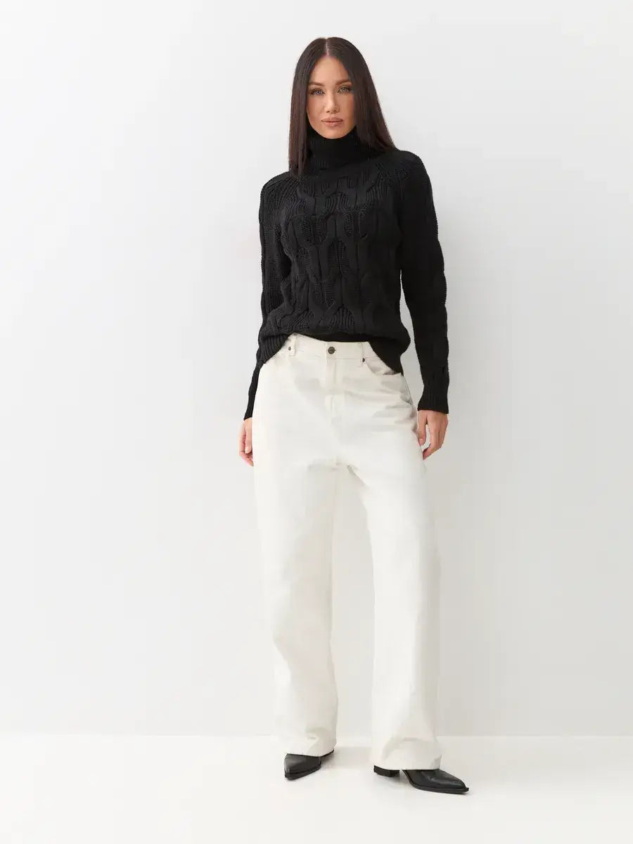 Noir Knitwear by Lauven - Women's wool-blend turtleneck sweater in black, featuring a chunky cable-knit design.