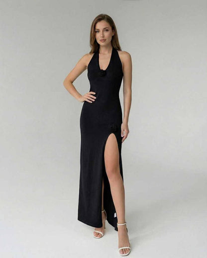 Noir Maxi Dress by Lauven, black halter maxi dress with floral detail and high slit for modern elegance.