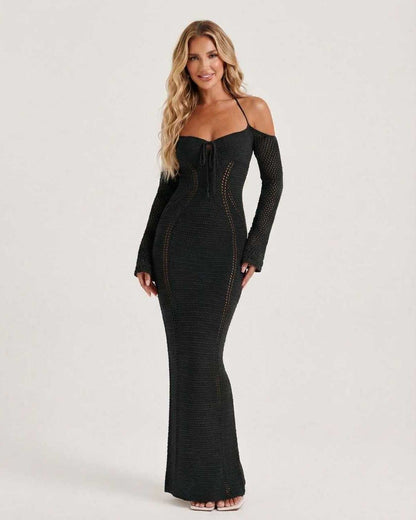 Noir Maxi Dress by Lauven featuring black long sleeve bodycon design, open back, and refined openwork detailing.