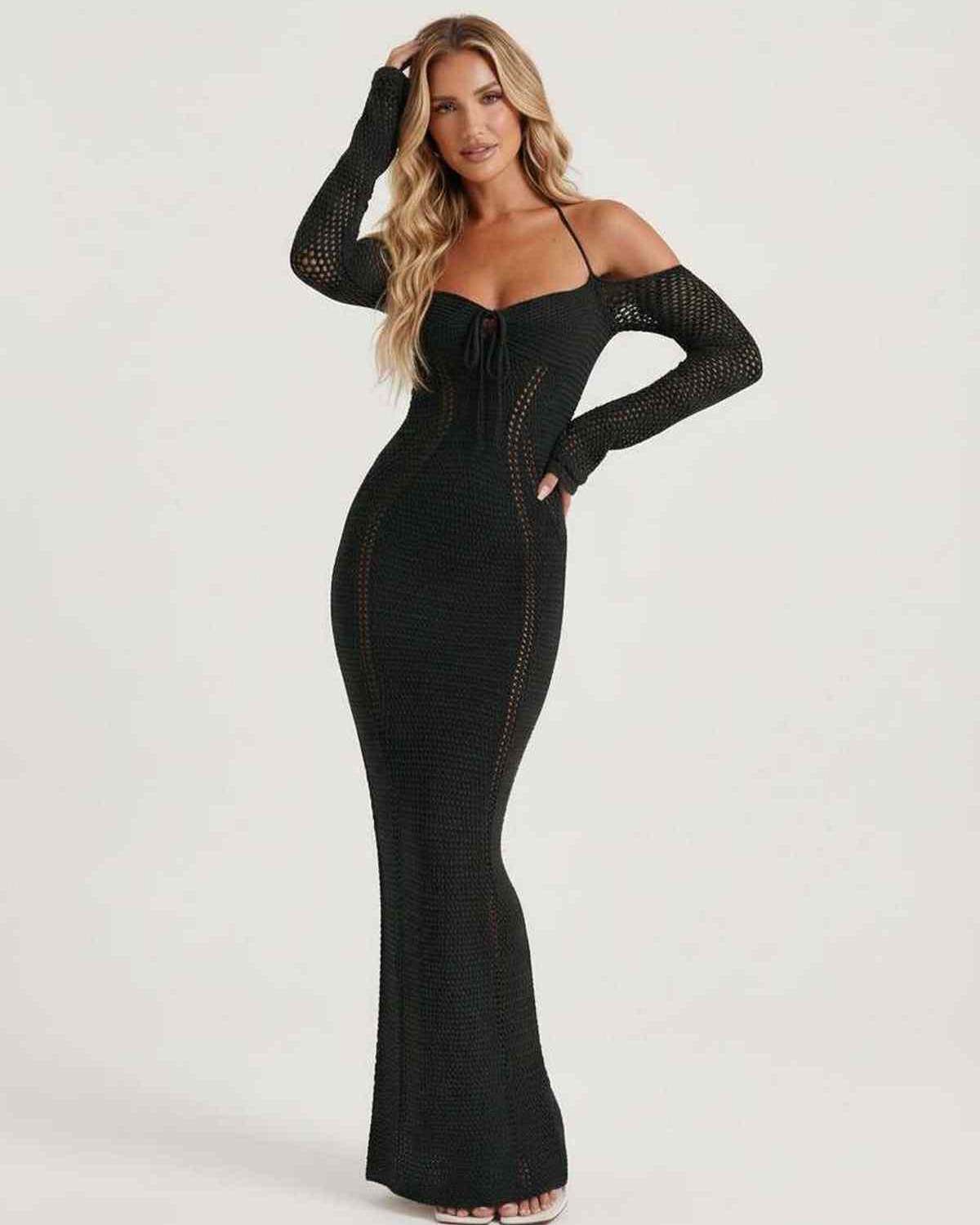 Noir Maxi Dress - Black bodycon dress with long sleeves, open back, and front tie detailing by Lauven.