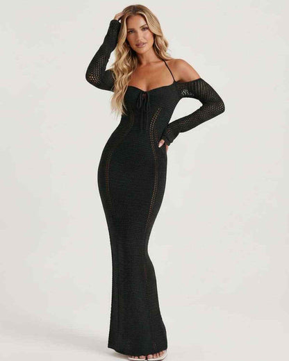Noir Maxi Dress - Black bodycon dress with long sleeves, open back, and front tie detailing by Lauven.