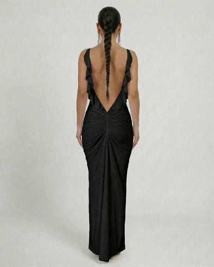 Noir Maxi Dress by Lauven showcasing a sleek sleeveless design and dramatic backless cut.