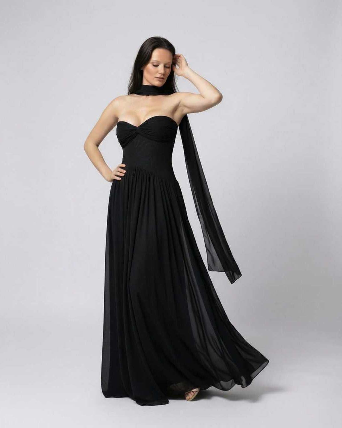 Noir Maxi Dress - Black strapless maxi dress with choker scarf, elegant and flowing from Lauven.