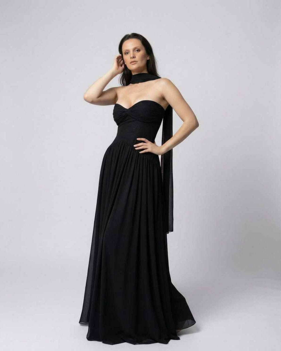 Noir Maxi Dress - Black strapless dress with choker scarf, elegant and flowing by Lauven.