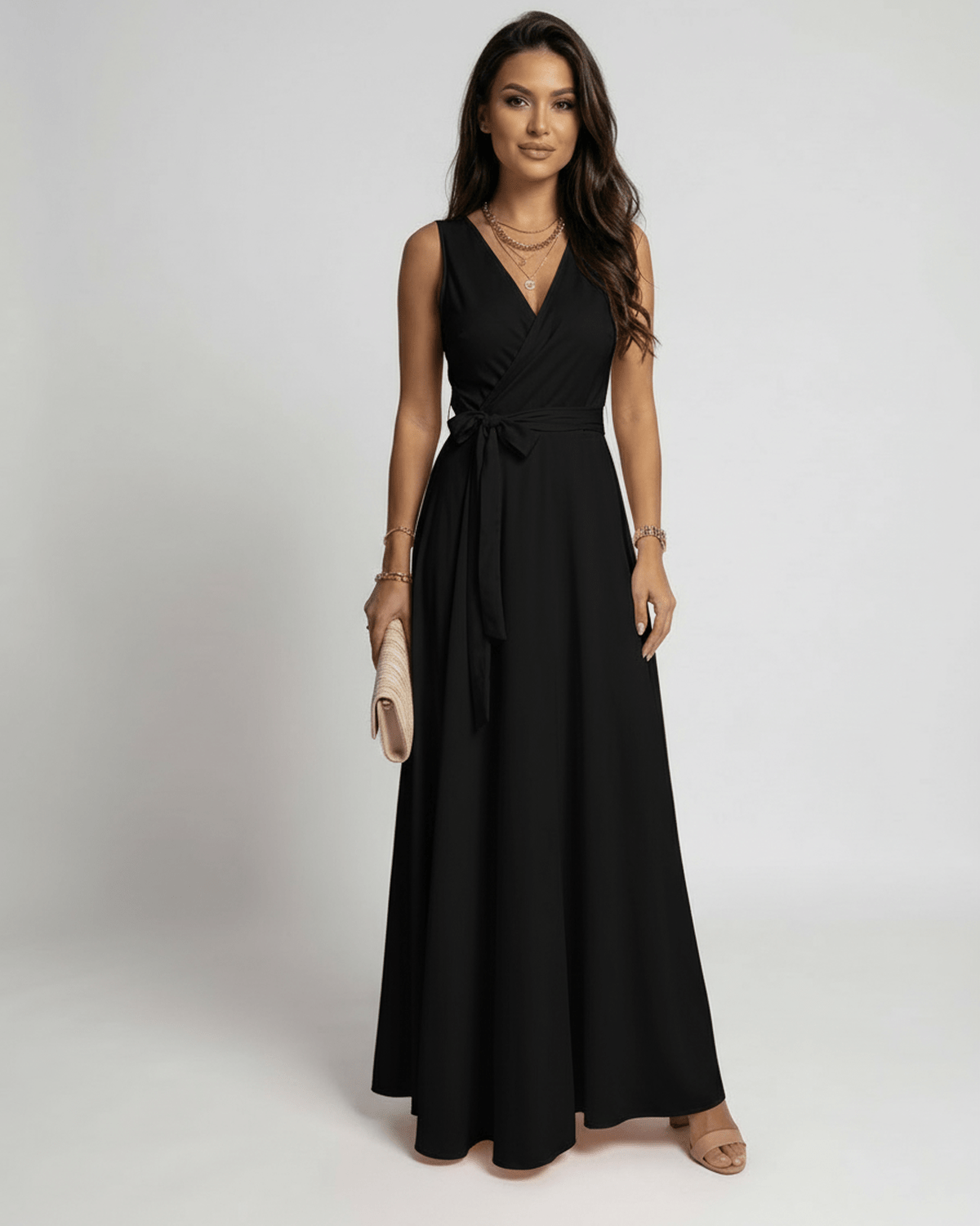 Noir Maxi Dress by Lauven, featuring a classic V-neck silhouette in elegant black.