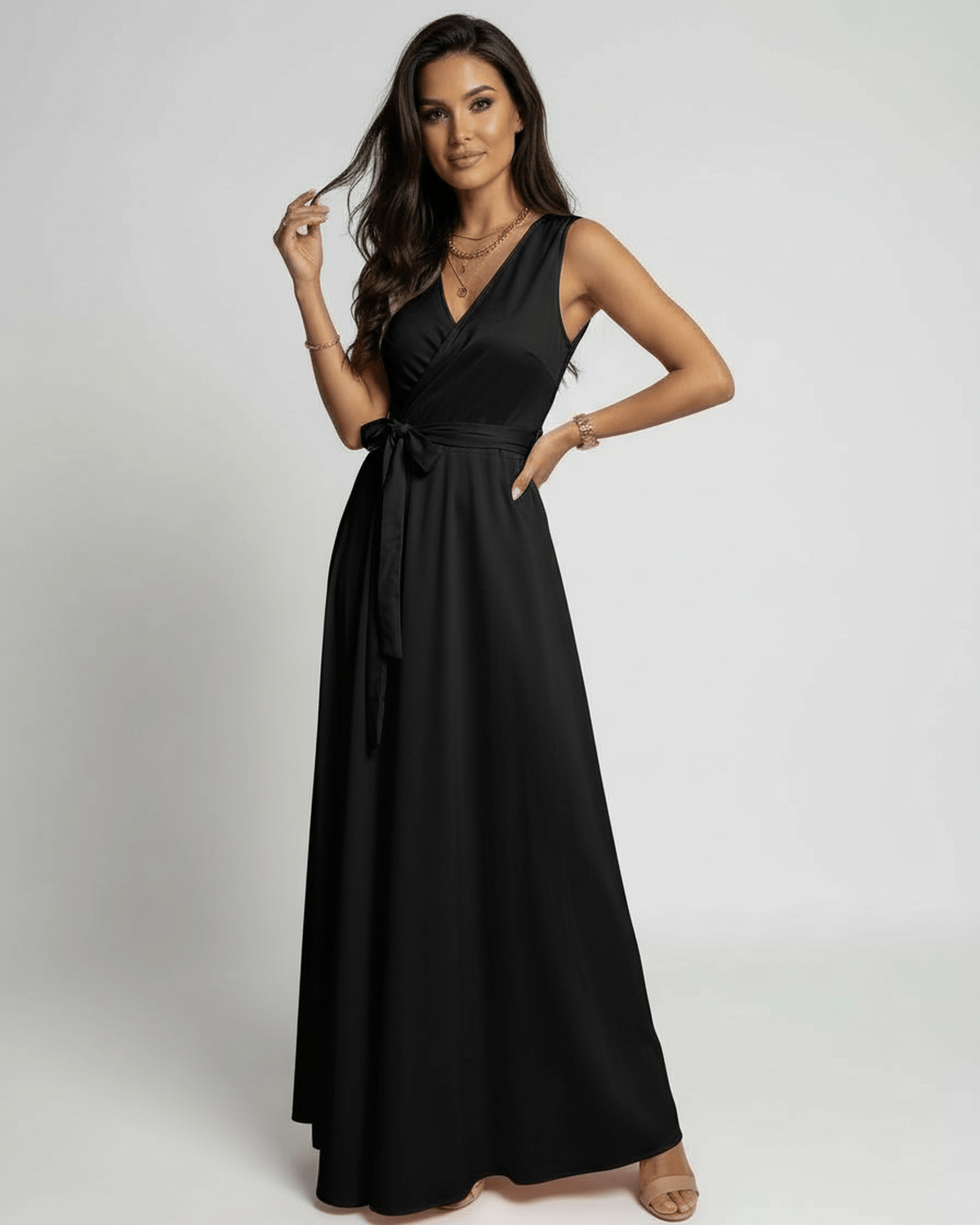 Noir Maxi Dress by Lauven featuring a classic V-neck silhouette in timeless black fabric for elegant all-day wear.
