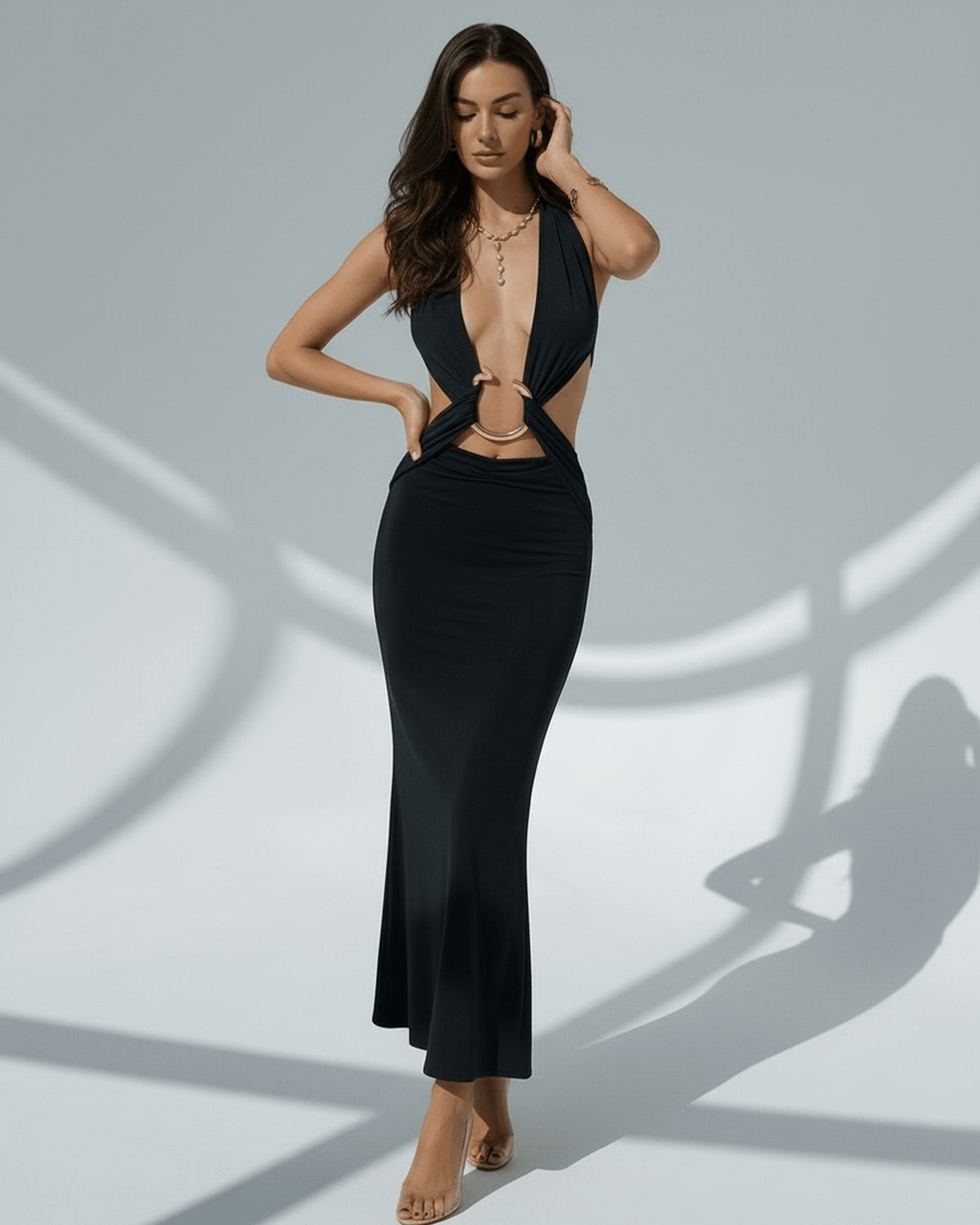Noir Maxi Dress featuring a deep V-neck, bodycon fit, and elegant design by Lauven.