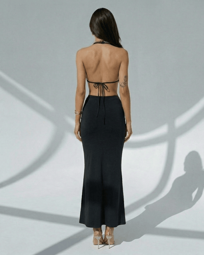Noir Maxi Dress by Lauven, elegant black bodycon with deep V-neck, adjustable waist, sleek design.