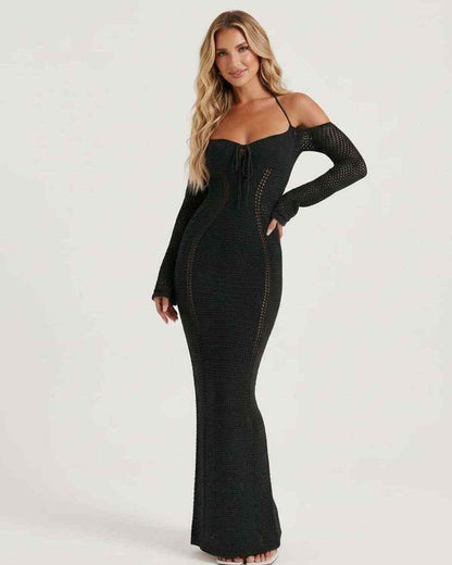 Noir Maxi Dress - Black Long Sleeve Bodycon Maxi with Halter Neck, Open Back; Elegant by Lauven.