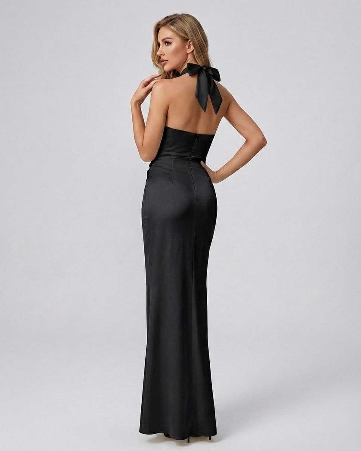 Noir Maxi Dress by Lauven, showcasing a sleek halter neck design with a polished silhouette in solid black.