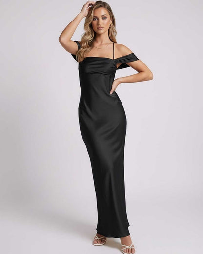 Noir Maxi Dress featuring off-the-shoulder design and smooth satin fabric from Lauven.
