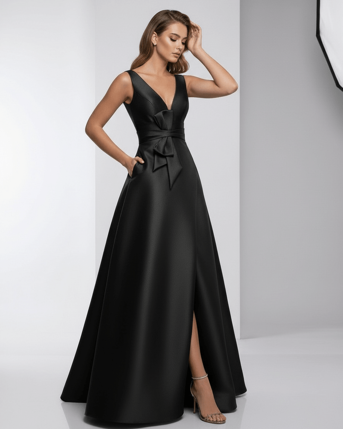Noir Maxi Dress by Lauven – Satin A-Line V-Neck, elegant evening wear with pockets, refined silhouette and timeless appeal.