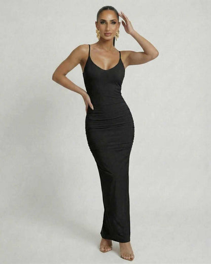 Noir Maxi Dress by Lauven, sleek black sleeveless bodycon design with spaghetti straps and a deep backless cut.