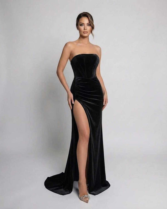 Noir Maxi Dress by Lauven, strapless velvet evening gown with a thigh-high slit and elegant silhouette.