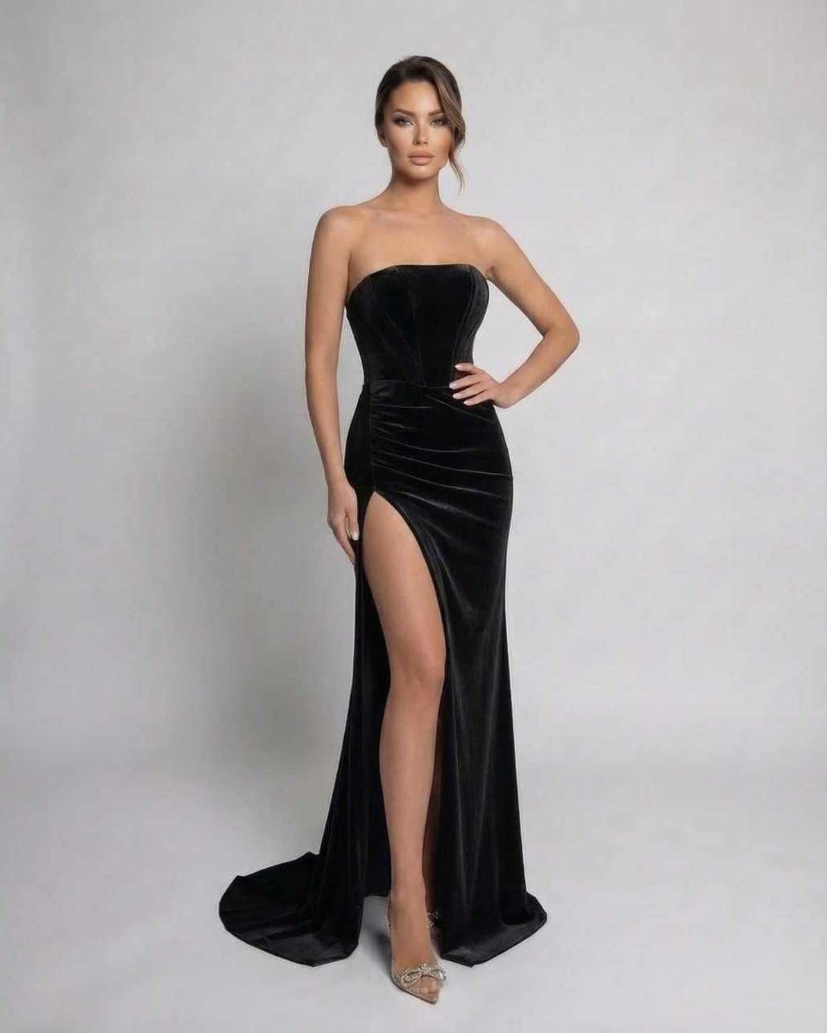 Noir Maxi Dress by Lauven - Strapless velvet evening gown with a thigh-high slit for an elegant look.