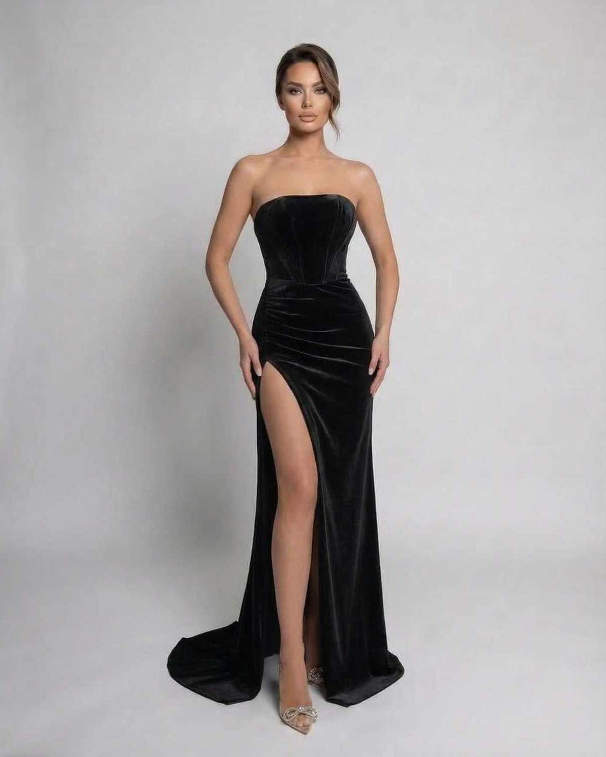 Noir Maxi Dress by Lauven - Strapless velvet evening gown with a sleek silhouette and high slit.