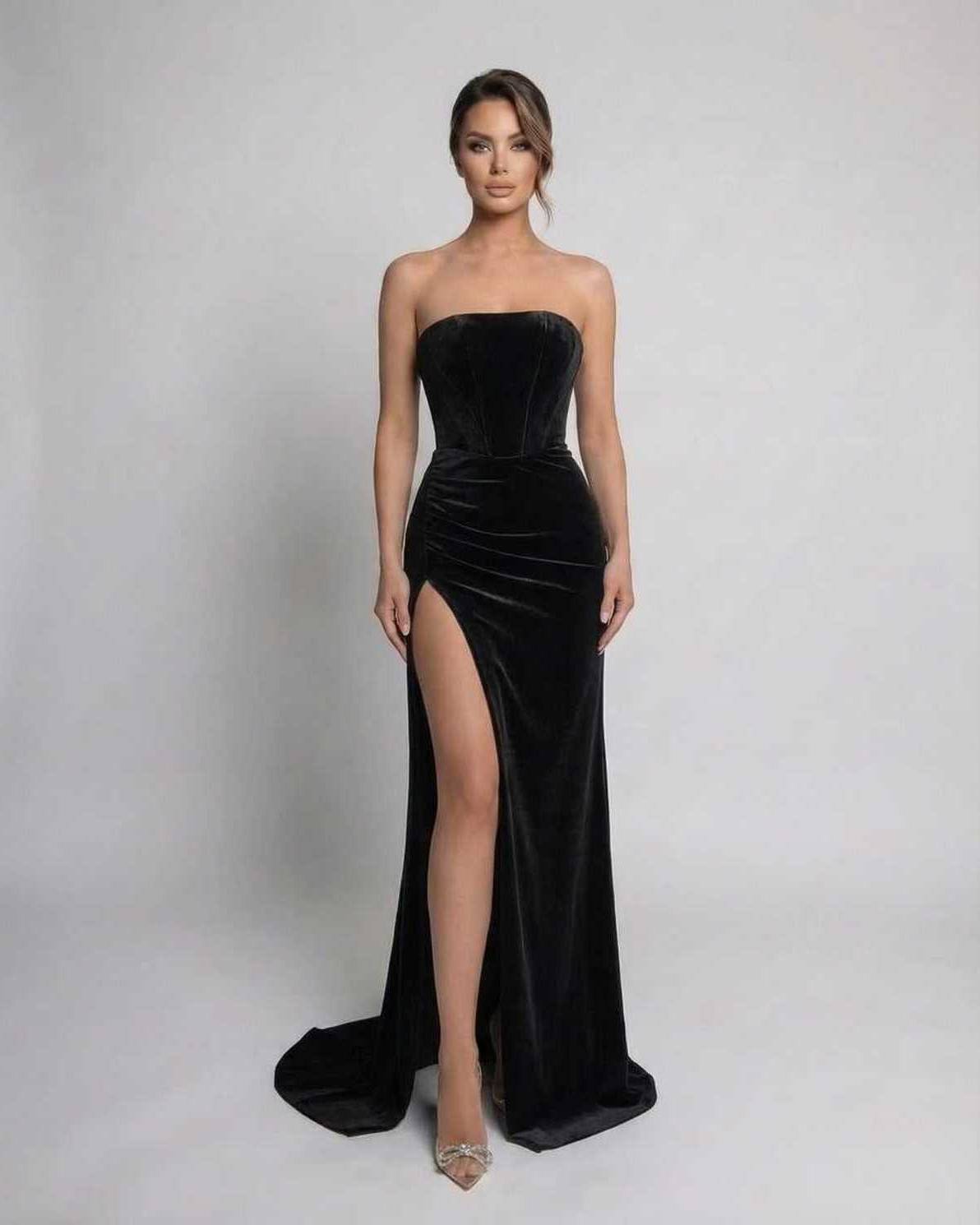 Noir Maxi Dress by Lauven - Elegant strapless velvet gown with high slit and flattering silhouette.