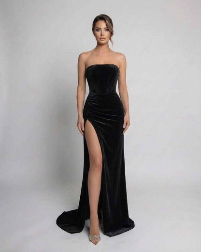 Noir Maxi Dress by Lauven - Elegant strapless velvet gown with high slit and flattering silhouette.