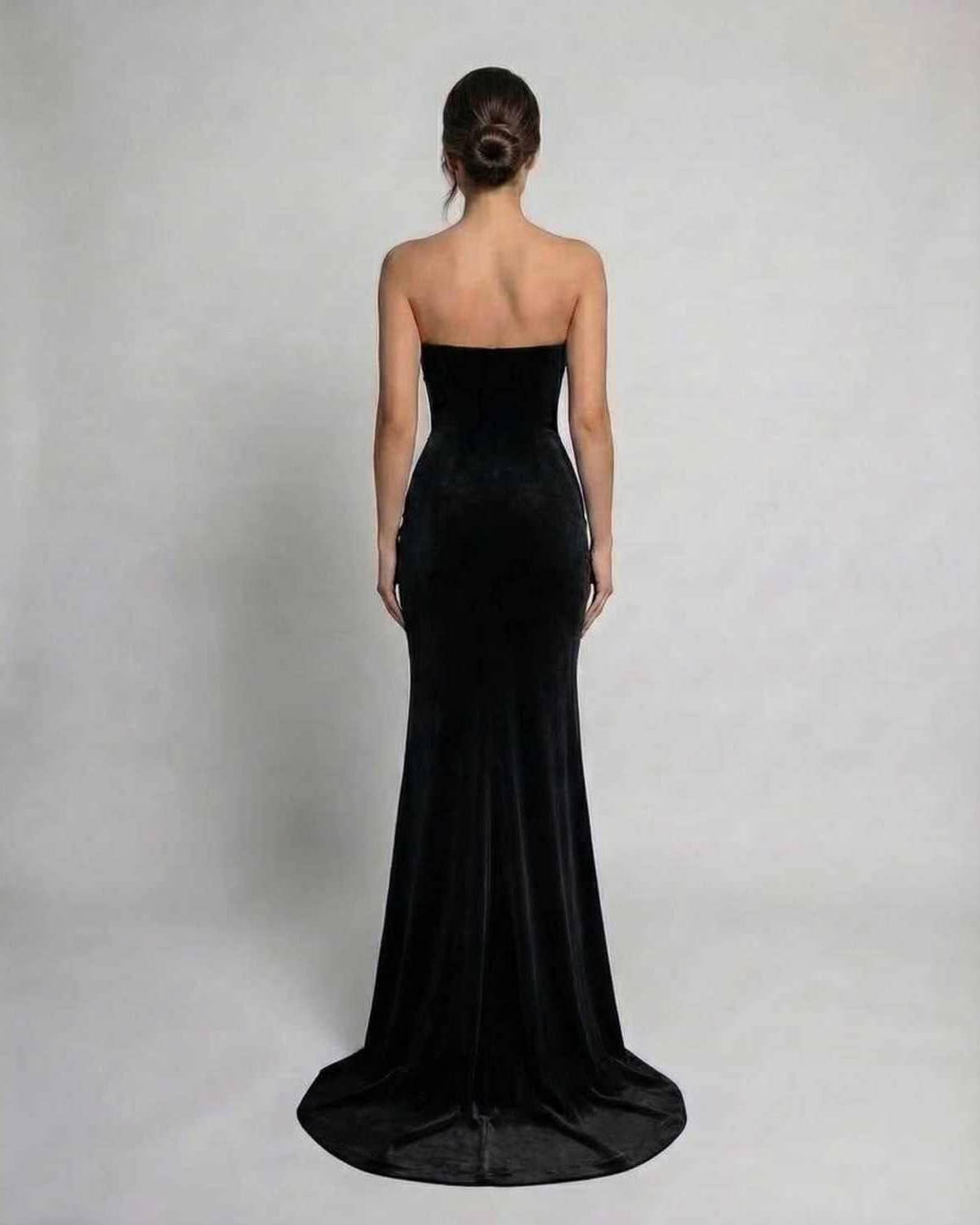 Noir Maxi Dress by Lauven, strapless velvet evening gown showcasing a sleek sheath silhouette from the back.