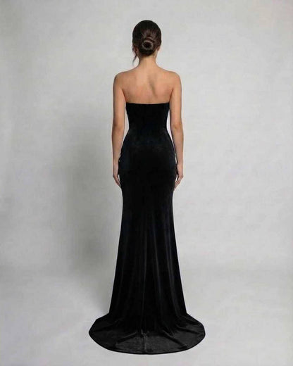 Noir Maxi Dress by Lauven, strapless velvet evening gown showcasing a sleek sheath silhouette from the back.