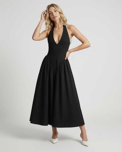 Noir Midi Dress by Lauven, black halter neck elegance with backless silhouette, perfect for sophisticated women's fashion.