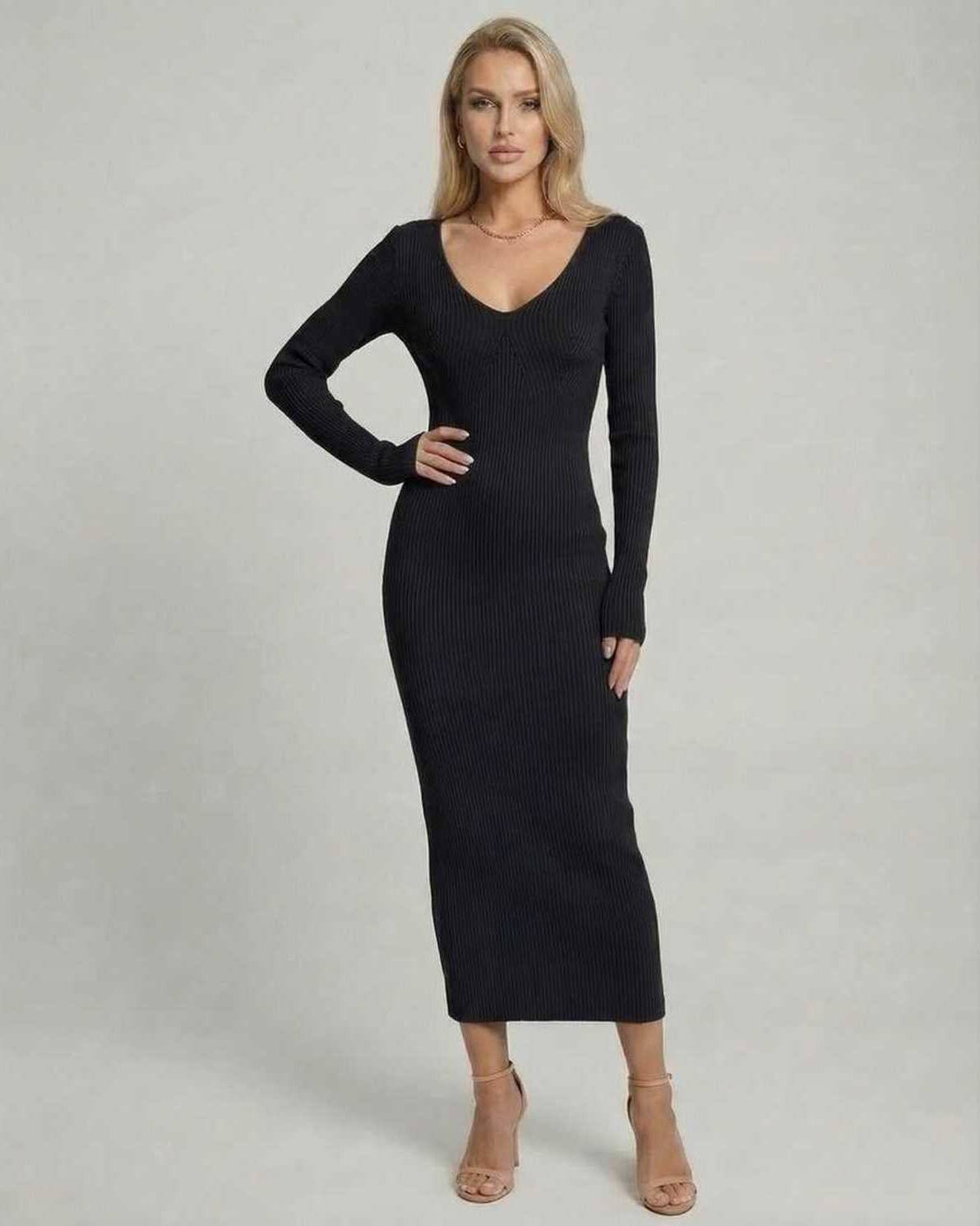 Noir Midi Dress by Lauven, a sleek black ribbed V-neck knit dress offering timeless elegance and comfort.