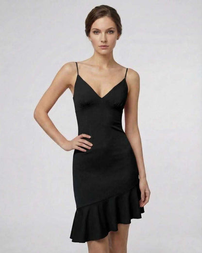 Noir Mini Dress from Lauven, sleek black A-line ruffle detail for an elegant silhouette.