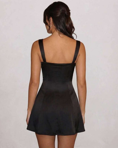 Noir Mini Dress back view, black satin with lace detail, sleek and stylish by Lauven, perfect for modern elegance.