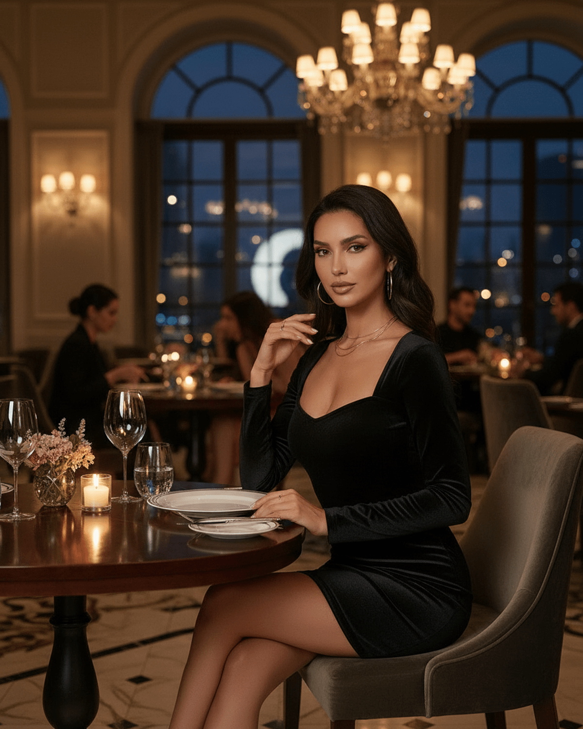 Elegant woman in Noir Mini Dress by Lauven, featuring black velvet, at a stylish restaurant setting.