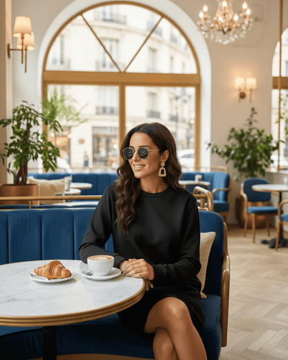 Woman enjoying coffee in a cafe wearing the Noir Mini Dress by Lauven, showcasing casual elegance and comfort.