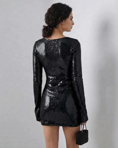 Lauven Noir Mini Dress with full sequins and flared sleeves, showcasing a sleek silhouette from the back.