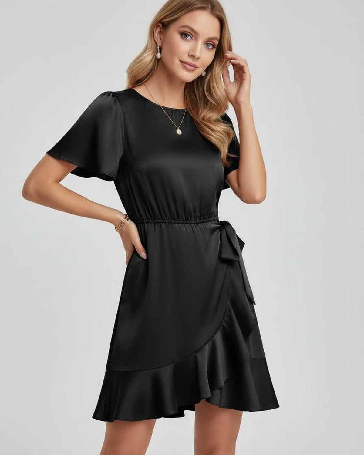 Lauven Noir Mini Dress with sleek satin finish, ruffle hem, and tie waist, ideal for spring and summer occasions.