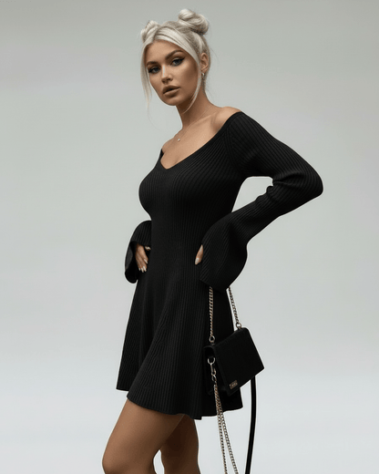 Noir Mini Dress by Lauven featuring a slim fit black knit with V-neck and flared sleeves.