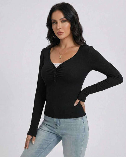 Noir Pullover by Lauven - Women’s Slim Fit V-Neck Long Sleeve with Button Detail.