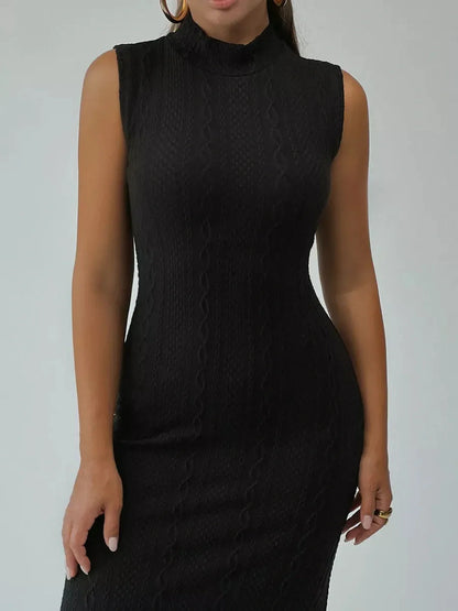 Noir Sculpt Maxi Dress featuring a sleek knit fit and high-neck silhouette in elegant black.