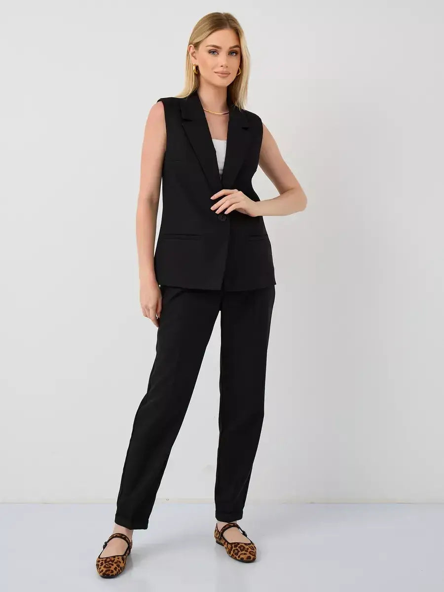 Noir Suit Set by Lauven - Sleek sleeveless black vest and high-waist pants, ideal for modern women.