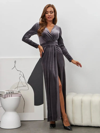 Noir Whisper Maxi Dress in soft graphite velvet with a dramatic slit and deep V-neckline, perfect for eveningwear.